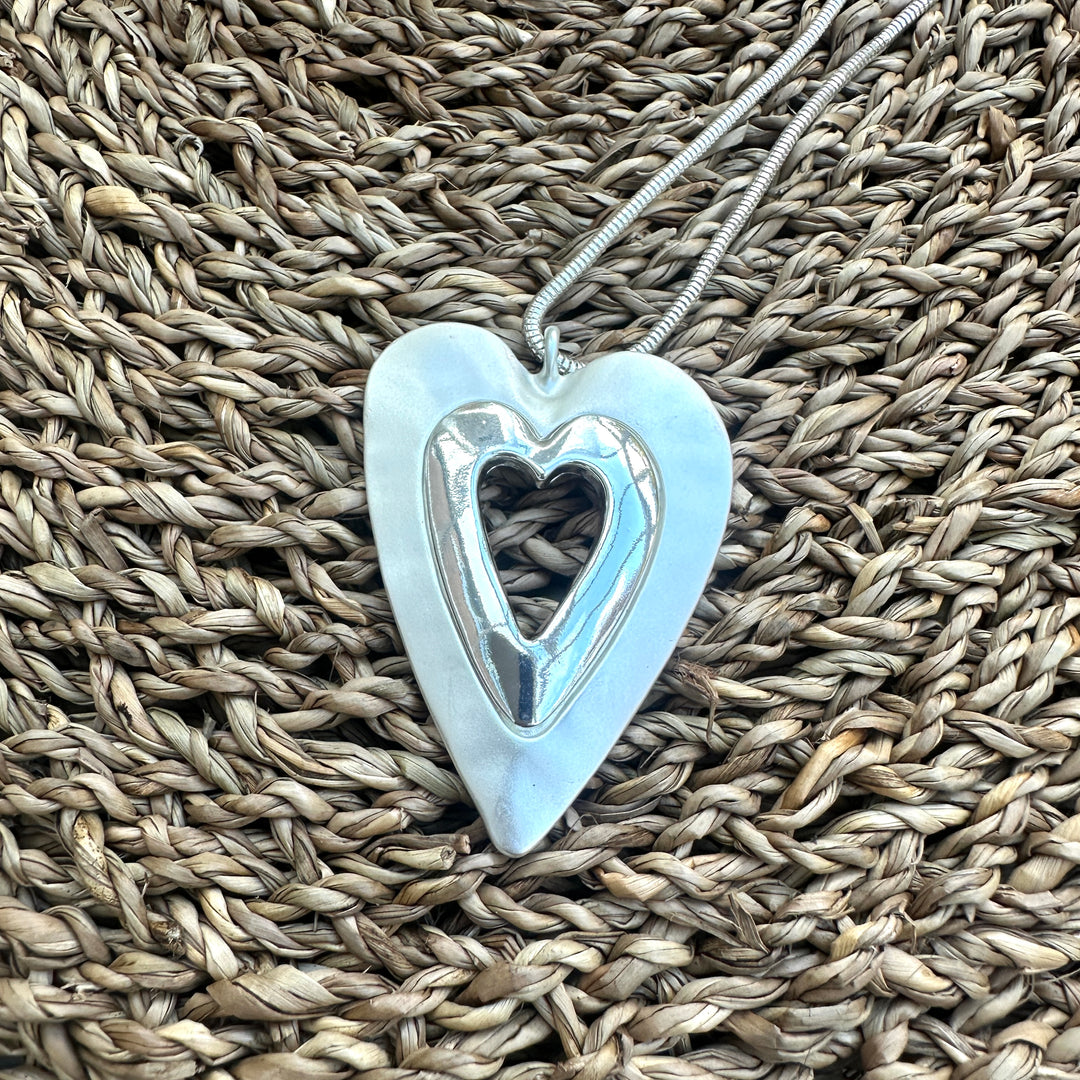 Sunita Shiny Matt Heart Long Necklace Silver - Sugarplum Boutique