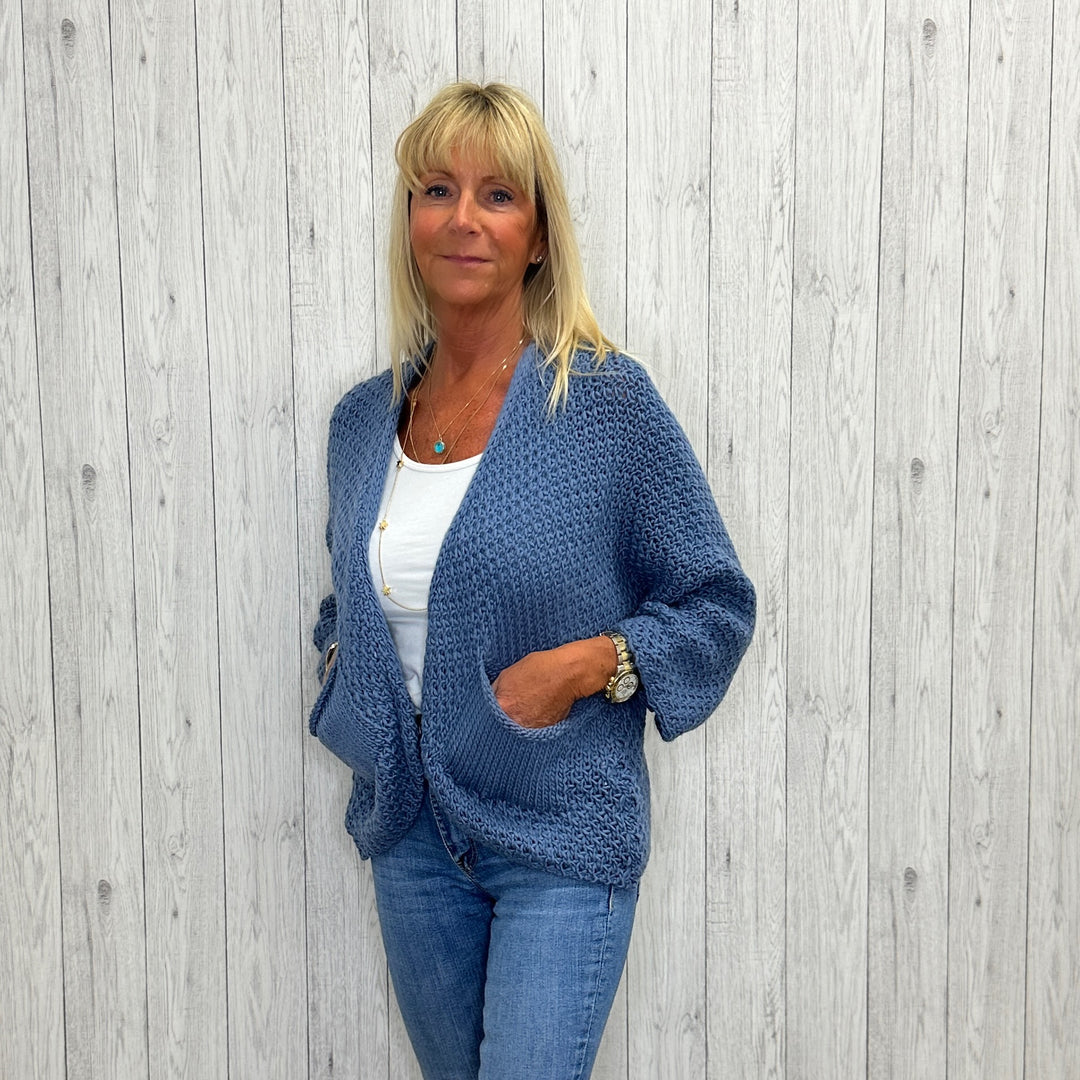 Susanna Wool Mix Waffle Two Pocket Cardigan Denim Blue - Sugarplum Boutique