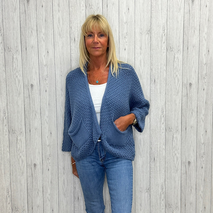 Susanna Wool Mix Waffle Two Pocket Cardigan Denim Blue - Sugarplum Boutique