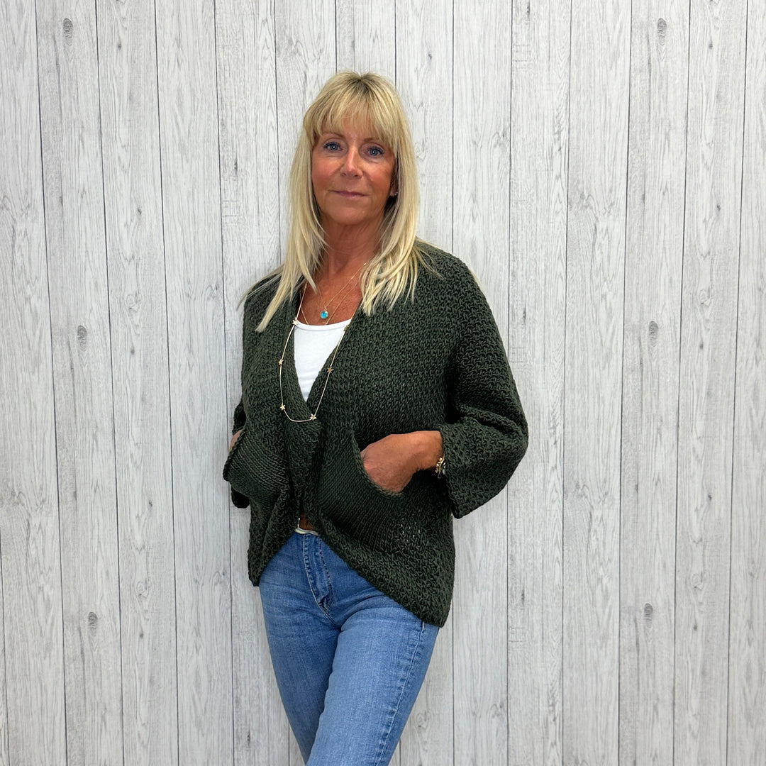 Susanna Wool Mix Waffle Two Pocket Cardigan Khaki Green - Sugarplum Boutique