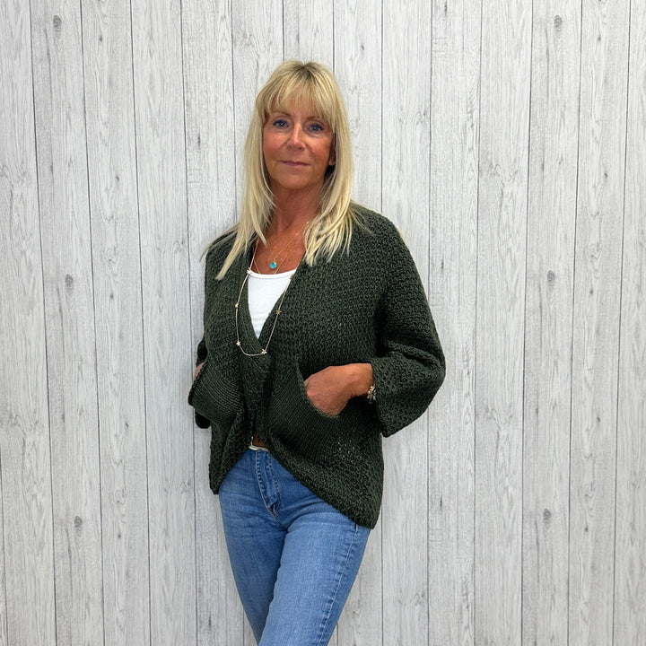 Susanna Wool Mix Waffle Two Pocket Cardigan Khaki Green - Sugarplum Boutique