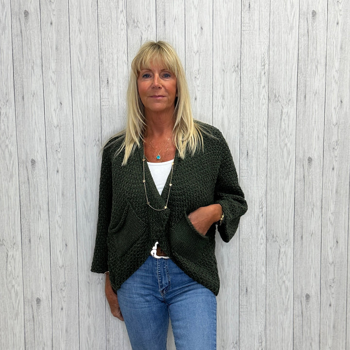 Susanna Wool Mix Waffle Two Pocket Cardigan Khaki Green - Sugarplum Boutique