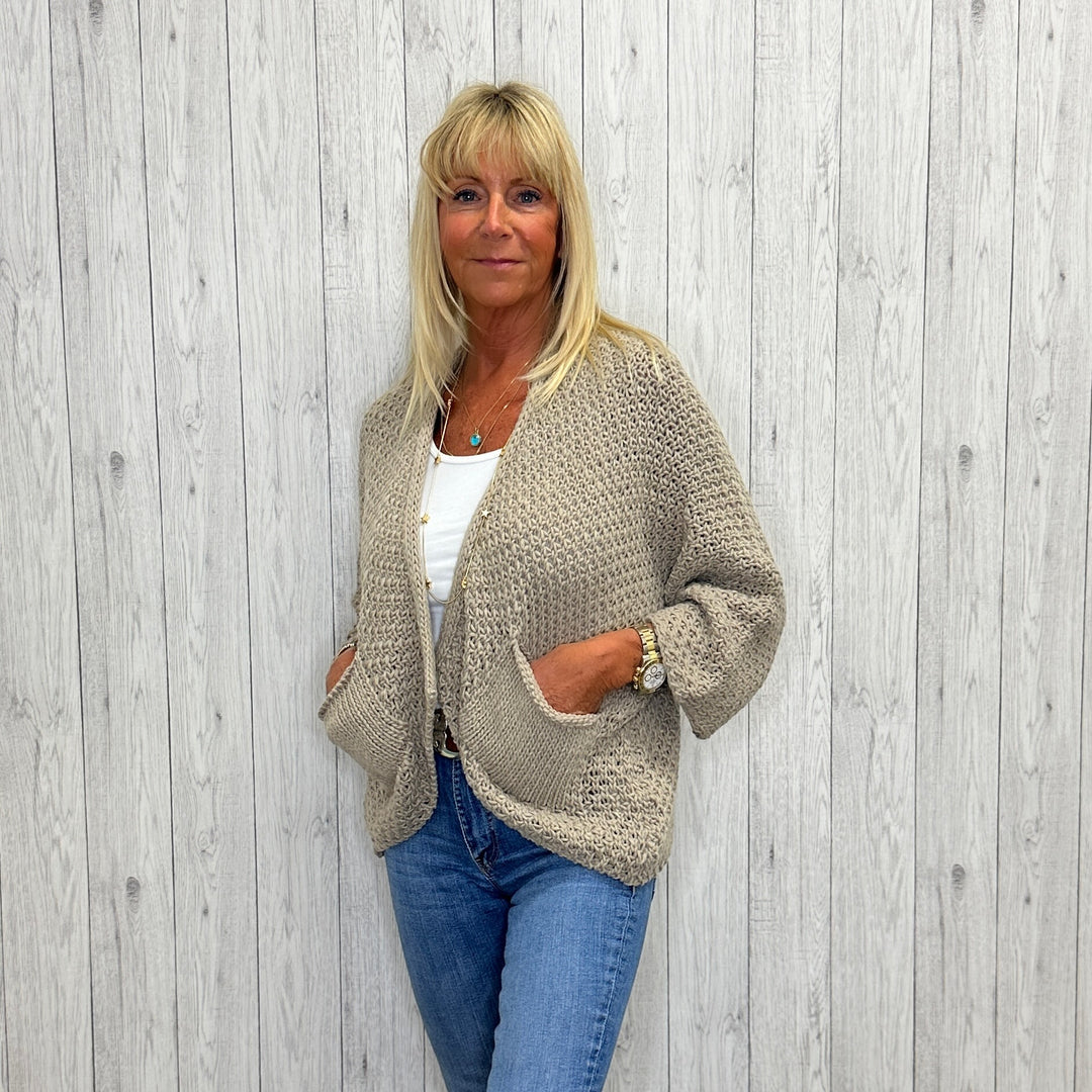 Susanna Wool Mix Waffle Two Pocket Cardigan Mocha Brown - Sugarplum Boutique