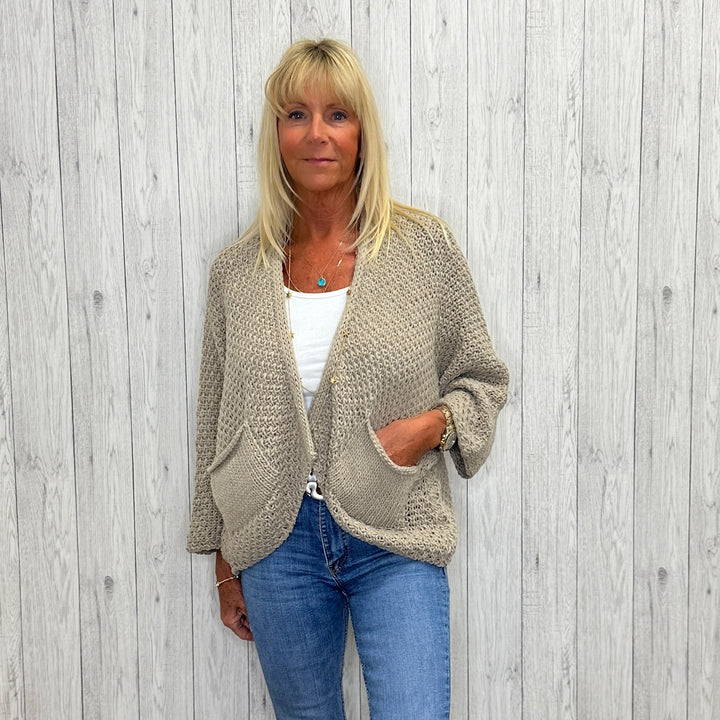 Susanna Wool Mix Waffle Two Pocket Cardigan Mocha Brown - Sugarplum Boutique