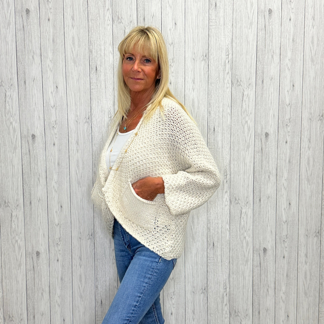 Susanna Wool Mix Waffle Two Pocket Cardigan Stone - Sugarplum Boutique