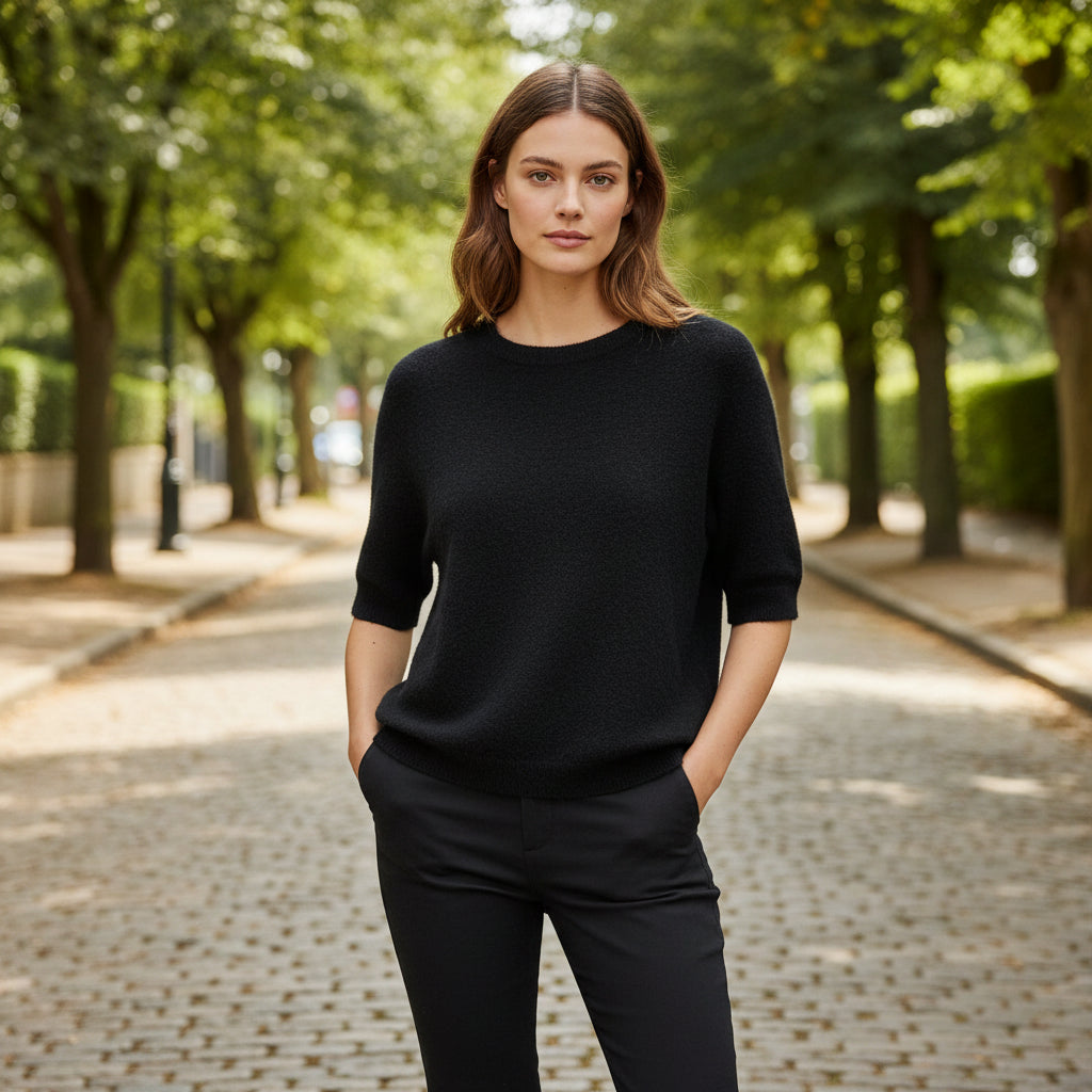 Susie Round Neck Black Short Sleeve Alpaca Blend Jumper - Sugarplum Boutique
