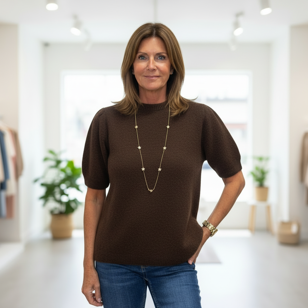 Susie Round Neck Chocolate Brown Short Sleeve Alpaca Blend Jumper - Sugarplum Boutique