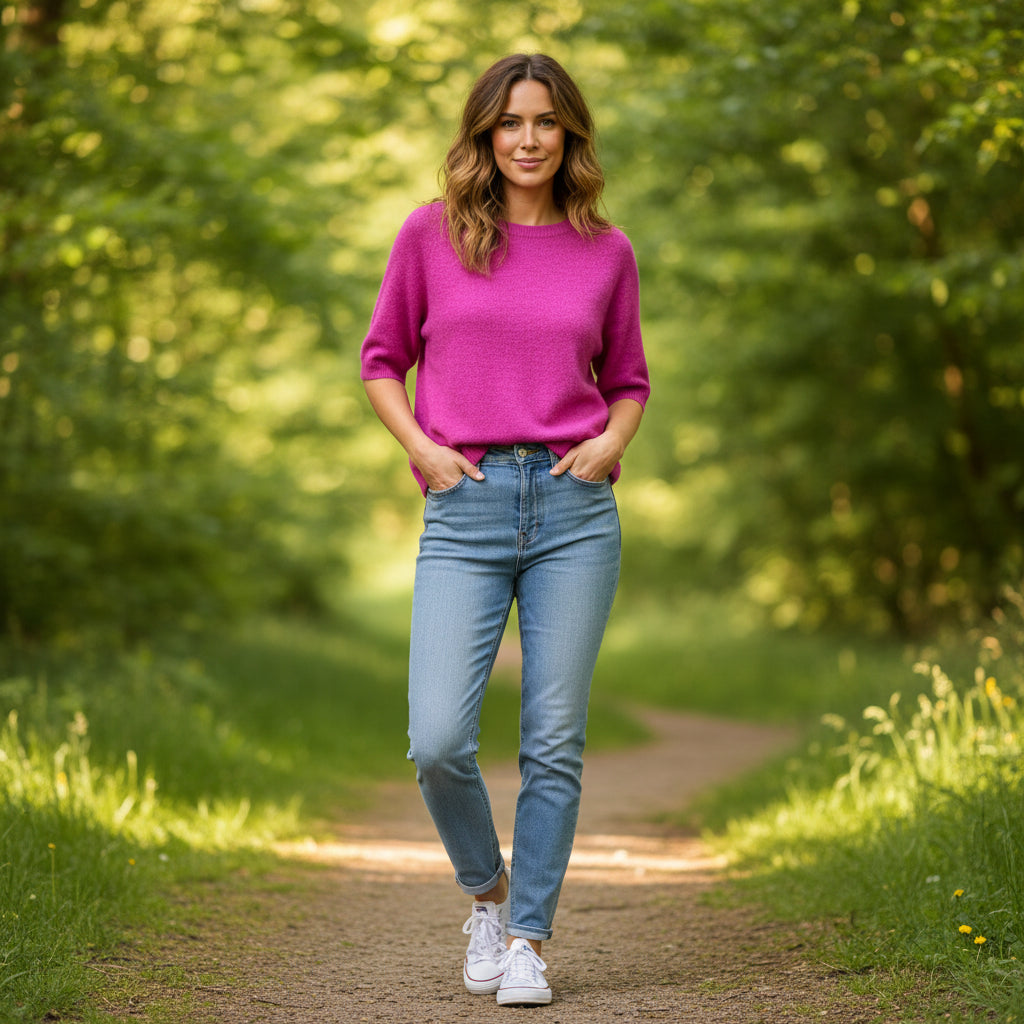 Susie Round Neck Light Magenta Pink Short Sleeve Alpaca Blend Jumper - Sugarplum Boutique