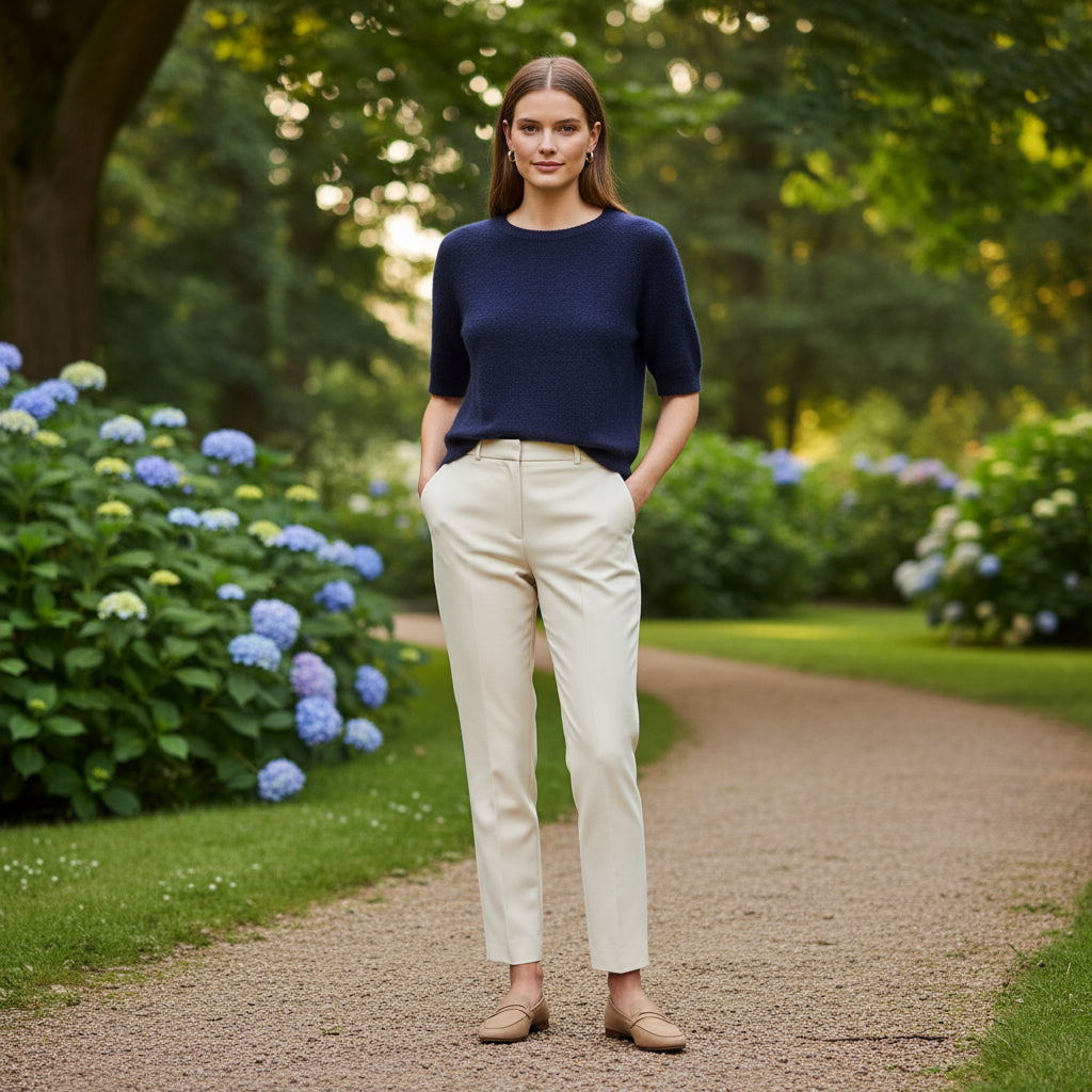 Susie Round Neck Navy Blue Short Sleeve Alpaca Blend Jumper - Sugarplum Boutique