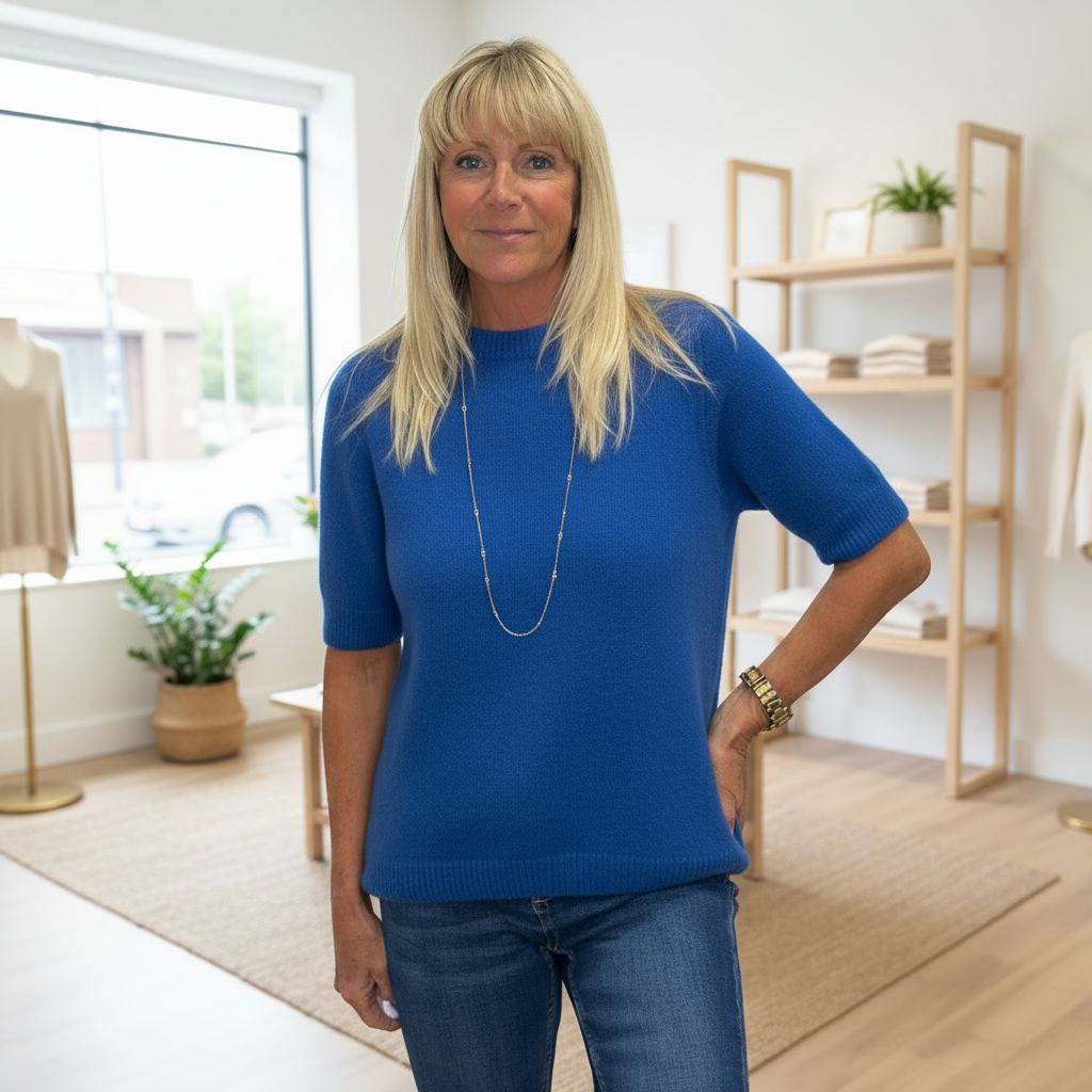 Susie Round Neck Royal Blue Short Sleeve Alpaca Blend Jumper - Sugarplum Boutique