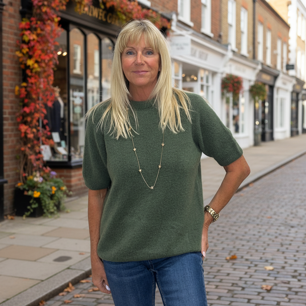 Susie Round Neck Short Sleeve Alpaca Blend Jumper Khaki Green - Sugarplum Boutique