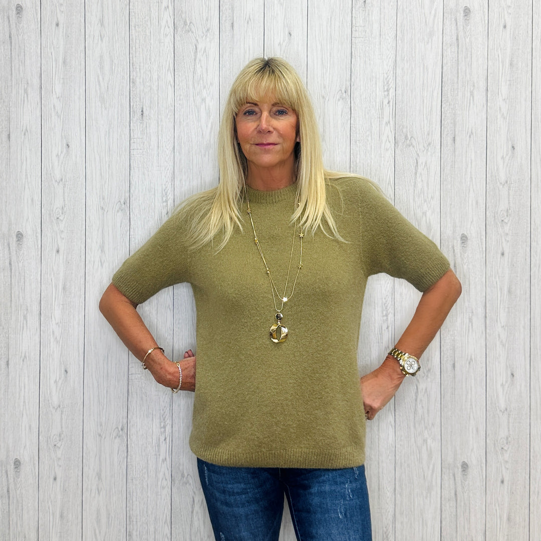 Susie Round Neck Short Sleeve Alpaca Mix Jumper Pistachio Green - Sugarplum Boutique