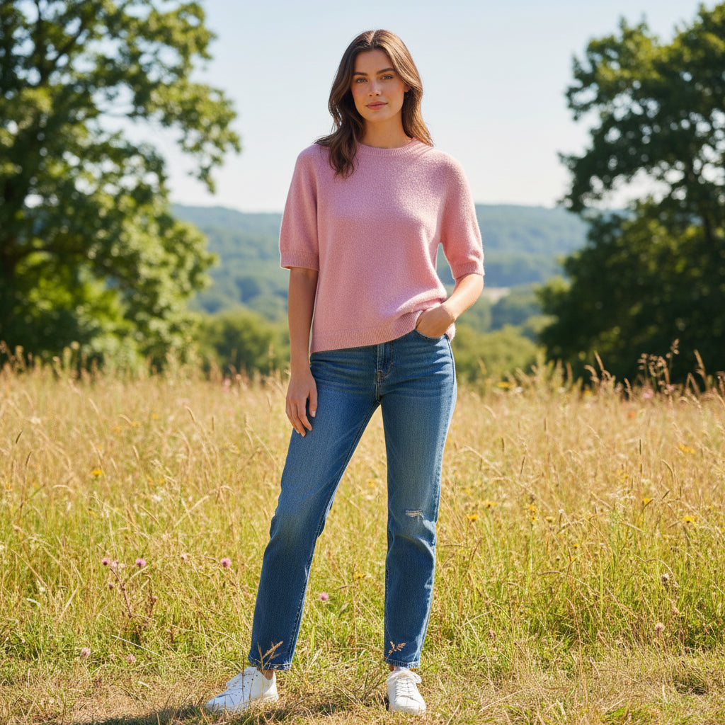 Susie Round Neck Vintage Pink Short Sleeve Alpaca Blend Jumper - Sugarplum Boutique