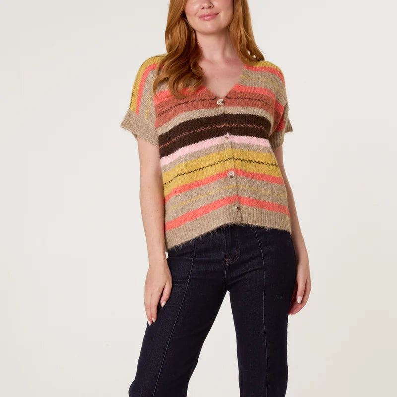 Sutton Multicolour Striped Button Through Short Sleeve Cardigan - Sugarplum Boutique