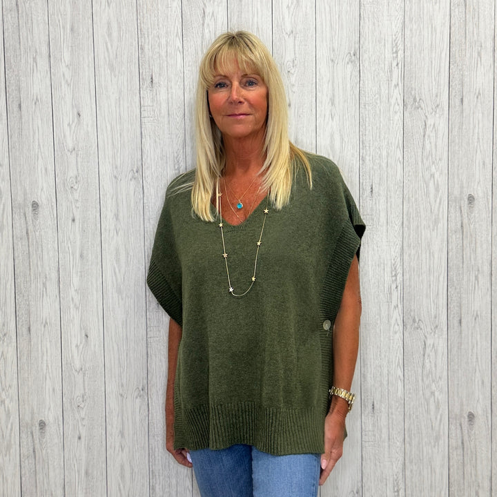 Taba Button Tabbard Split Side Top Khaki Green - Sugarplum Boutique