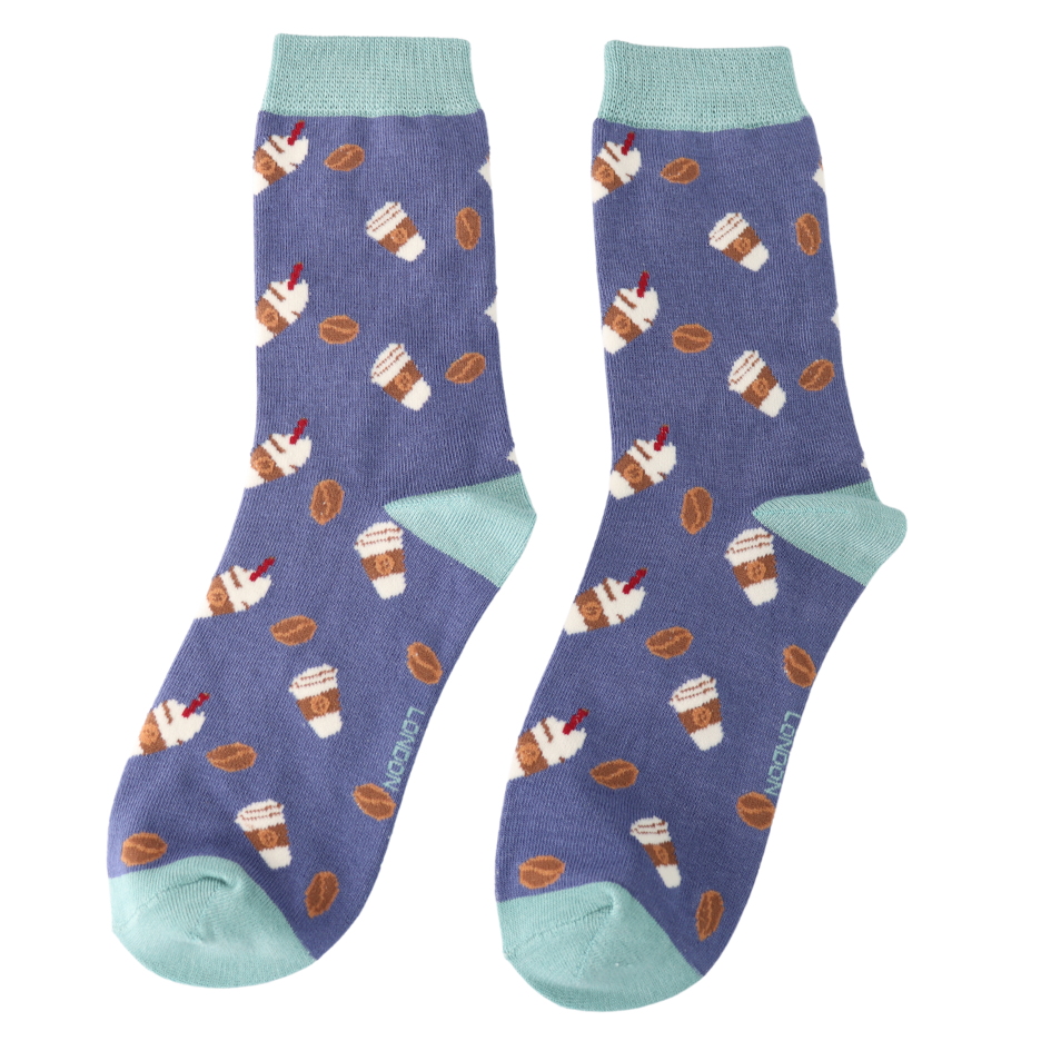 Takeaway Coffee Denim Blue Ladies Bamboo Socks - Sugarplum Boutique