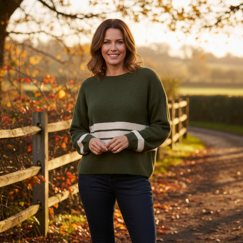 Talbot Cosy Khaki Green Striped Jumper - Sugarplum Boutique