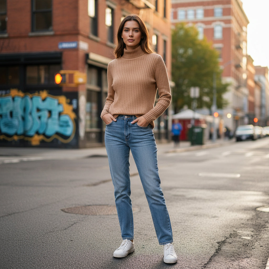 Tammy Rib Polo Neck Camel Brown Jumper -  Sugarplum Boutique