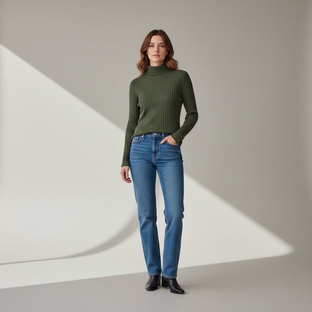 Tammy Rib Polo Neck Khaki Green Jumper - Sugarplum Boutique
