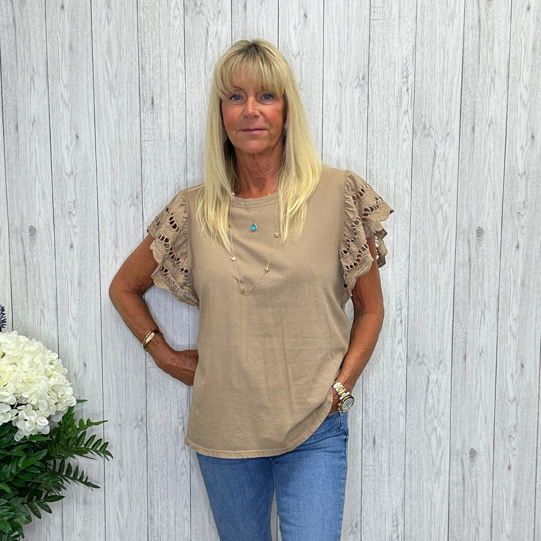 Tania Cotton Embroidered Sleeve Top Mocha Brown - Sugarplum Boutique