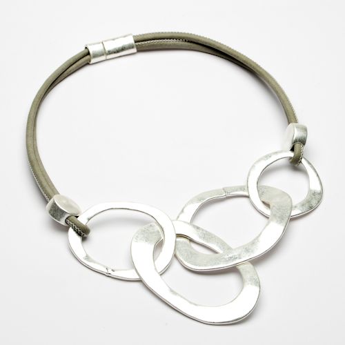Tara Light Grey Leather Open Link Short Necklace - Sugarplum Boutique