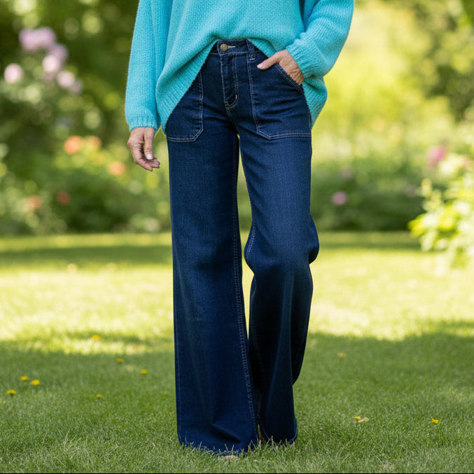 Tate Wide Leg Cotton Mix Denim Jeans Dark Denim - Sugarplum Boutique