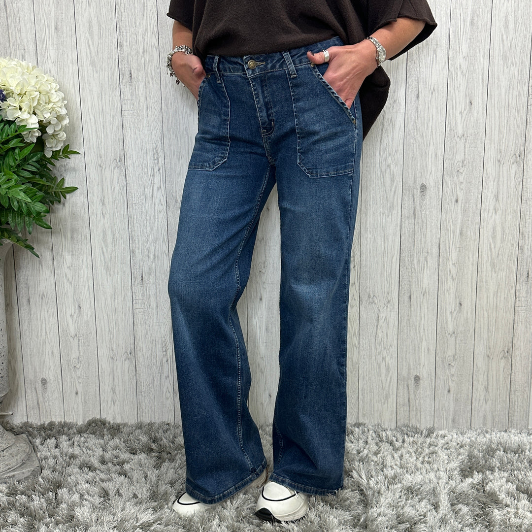Tate Wide Leg Cotton Mix Denim Jeans Mid Denim - Sugarplum Boutique