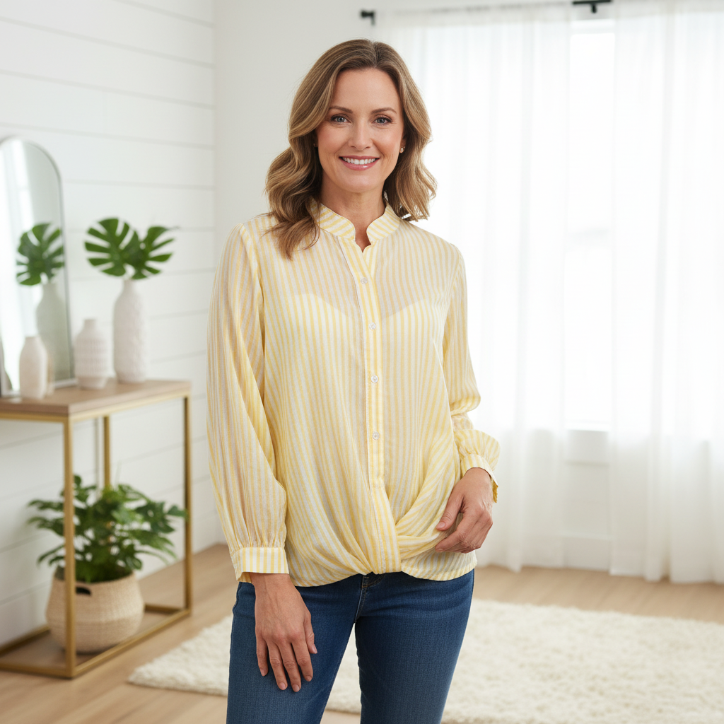 Taylor Lemon Yellow Candy Stripe Full Button Cotton Twist Top - Sugarplum Boutique