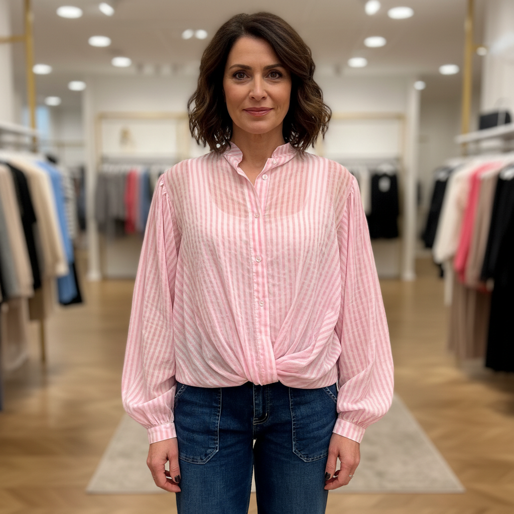 Taylor Pink Candy Stripe Full Button Cotton Twist Top - Sugarplum Boutique