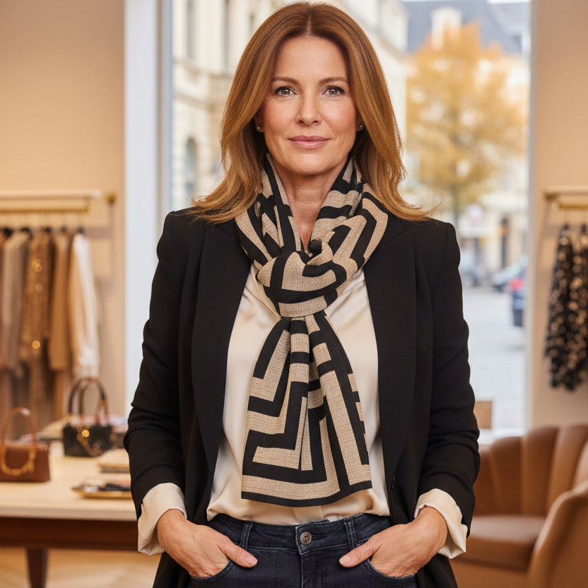 Thea Geometric Print Black Scarf - Sugarplum Boutique