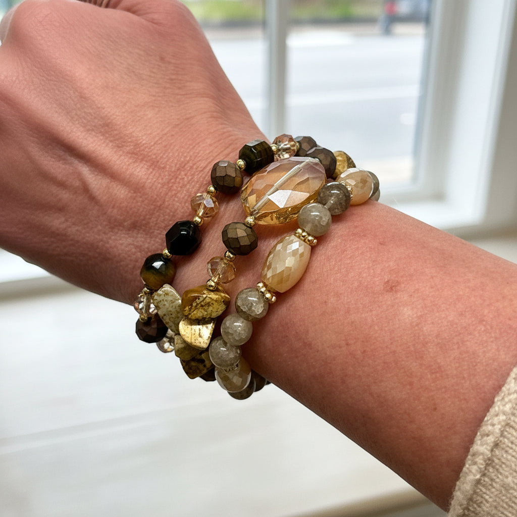 Three Elasticated Beaded Bracelets Brown - Sugarplum Boutique