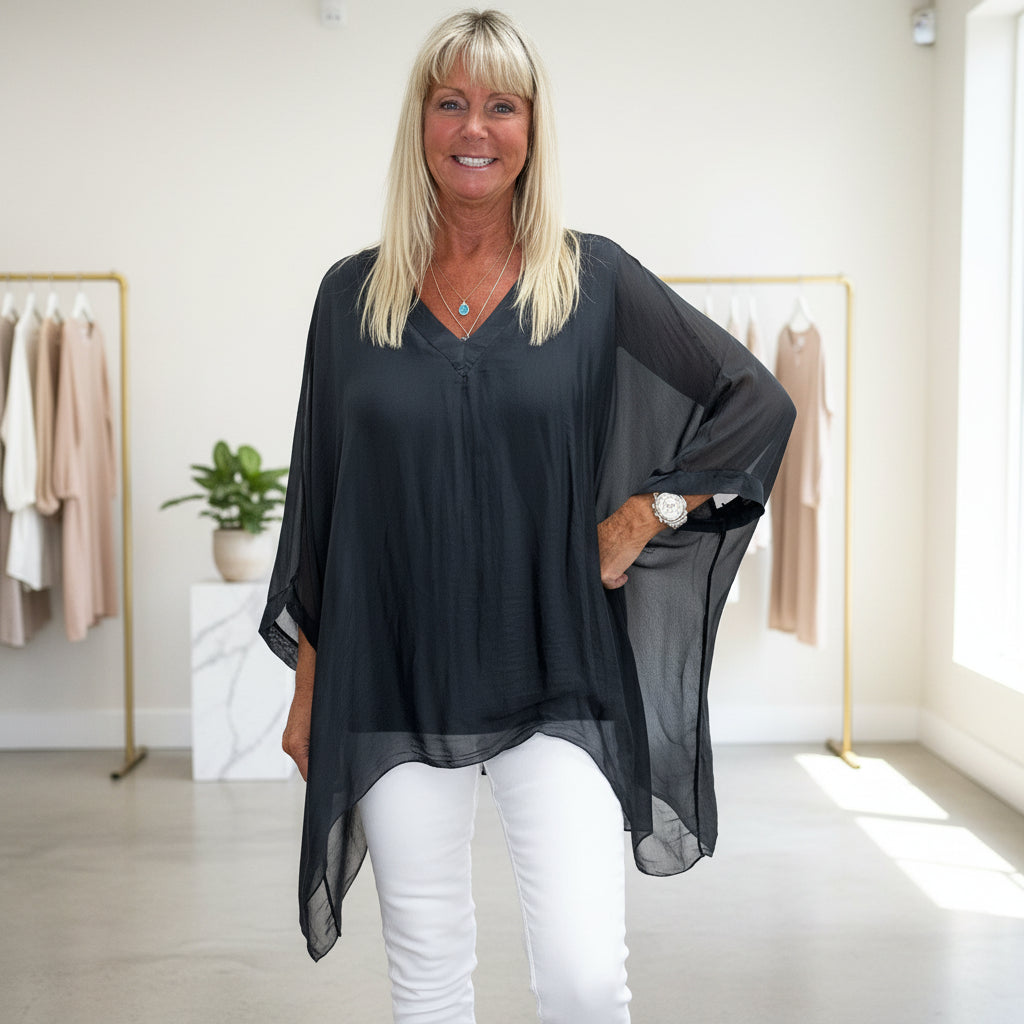 Tia Silk V Neck Charcoal Grey Waterfall Top - Sugarplum Boutique