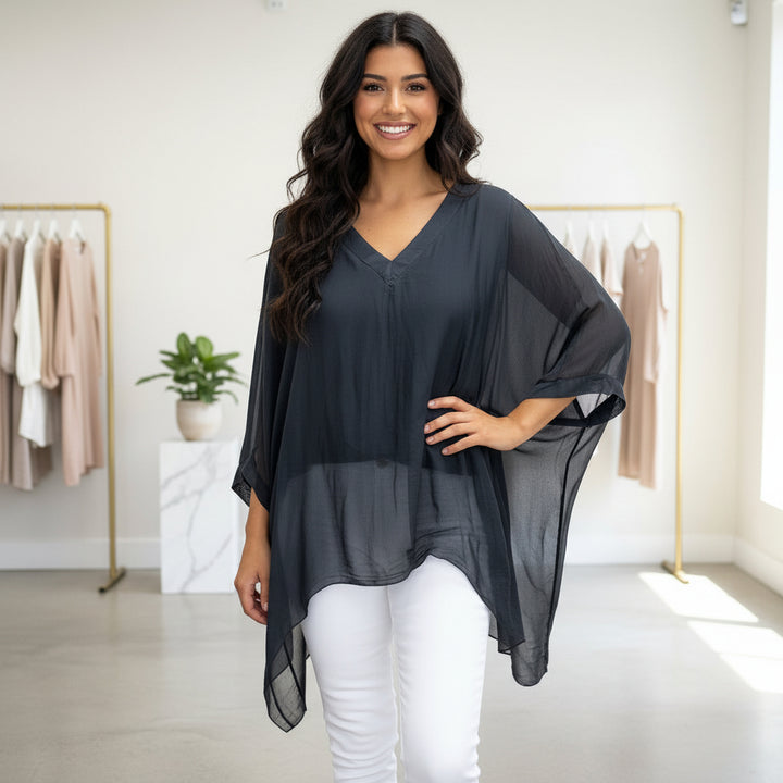 Tia Silk V Neck Charcoal Grey Waterfall Top - Sugarplum Boutique