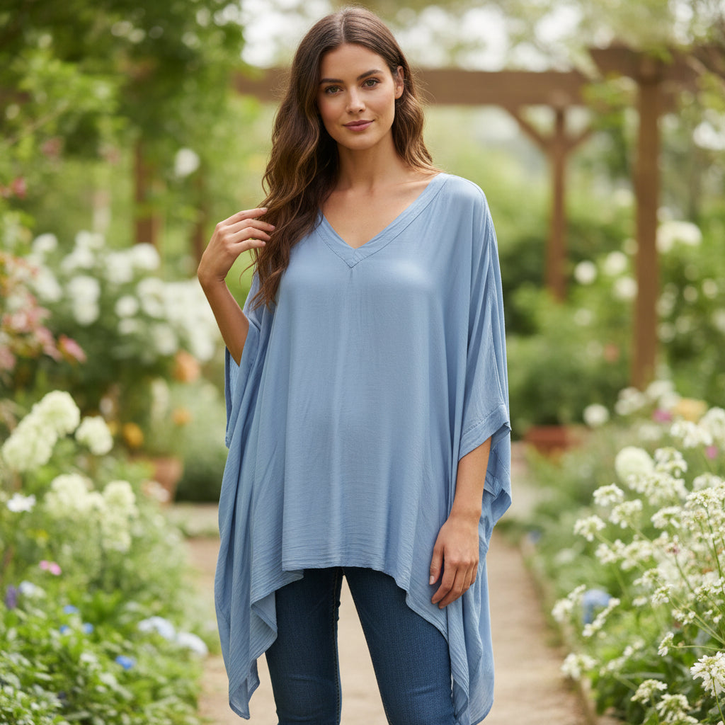 Tia Silk V Neck Denim Blue Waterfall Top - Sugarplum Boutique