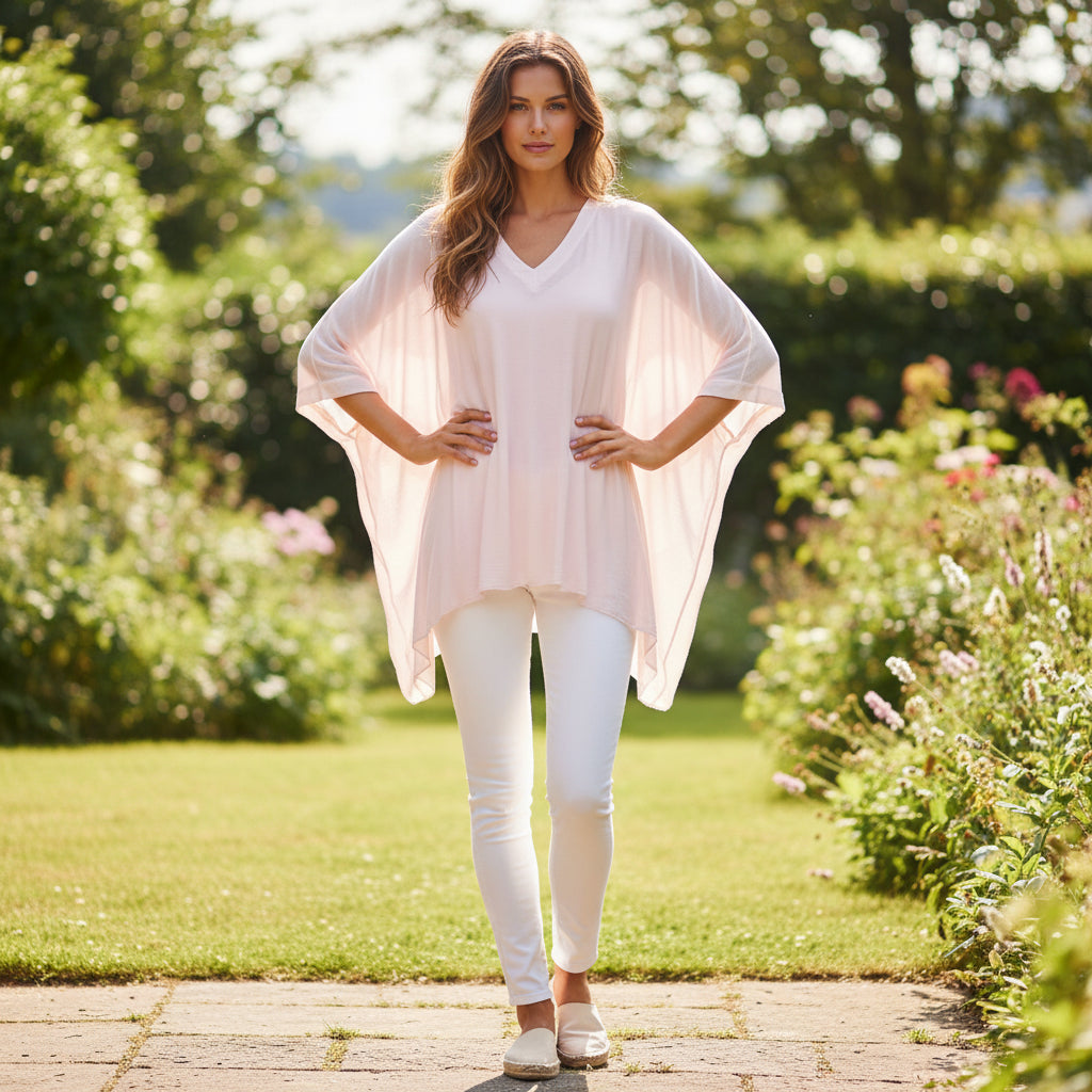 Tia Silk V Neck Light Pink Waterfall Top - Sugarplum Boutique