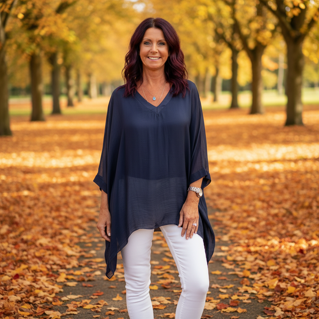 Tia Silk V Neck Navy Blue Waterfall Top - Sugarplum Boutique