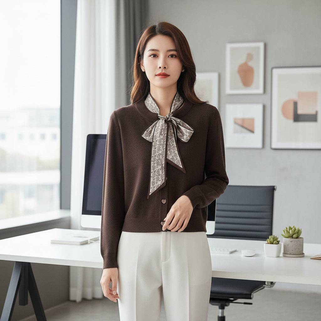 Tie Neck Heart Button Chocolate Brown Soft Feel Cardigan - Sugarplum Boutique