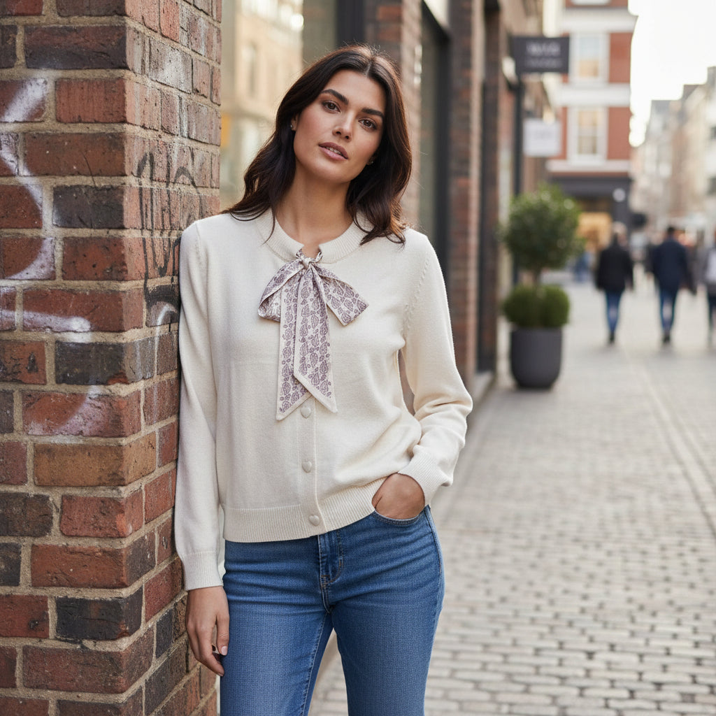Tie Neck Heart Button Cream Soft Feel Cardigan - Sugarplum Boutique