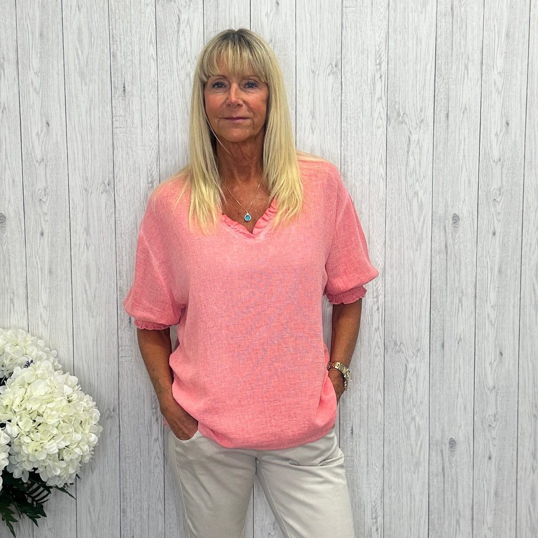 Tiffanie Linen Cotton Mix Frill V Neck Top Coral - Sugarplum Boutique