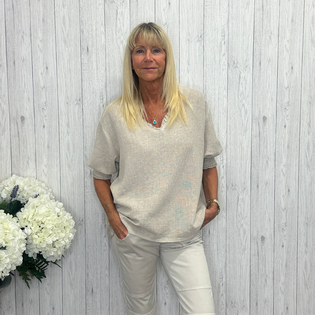 Tiffanie Linen Cotton Mix Frill V Neck Top Stone - Sugarplum Boutique