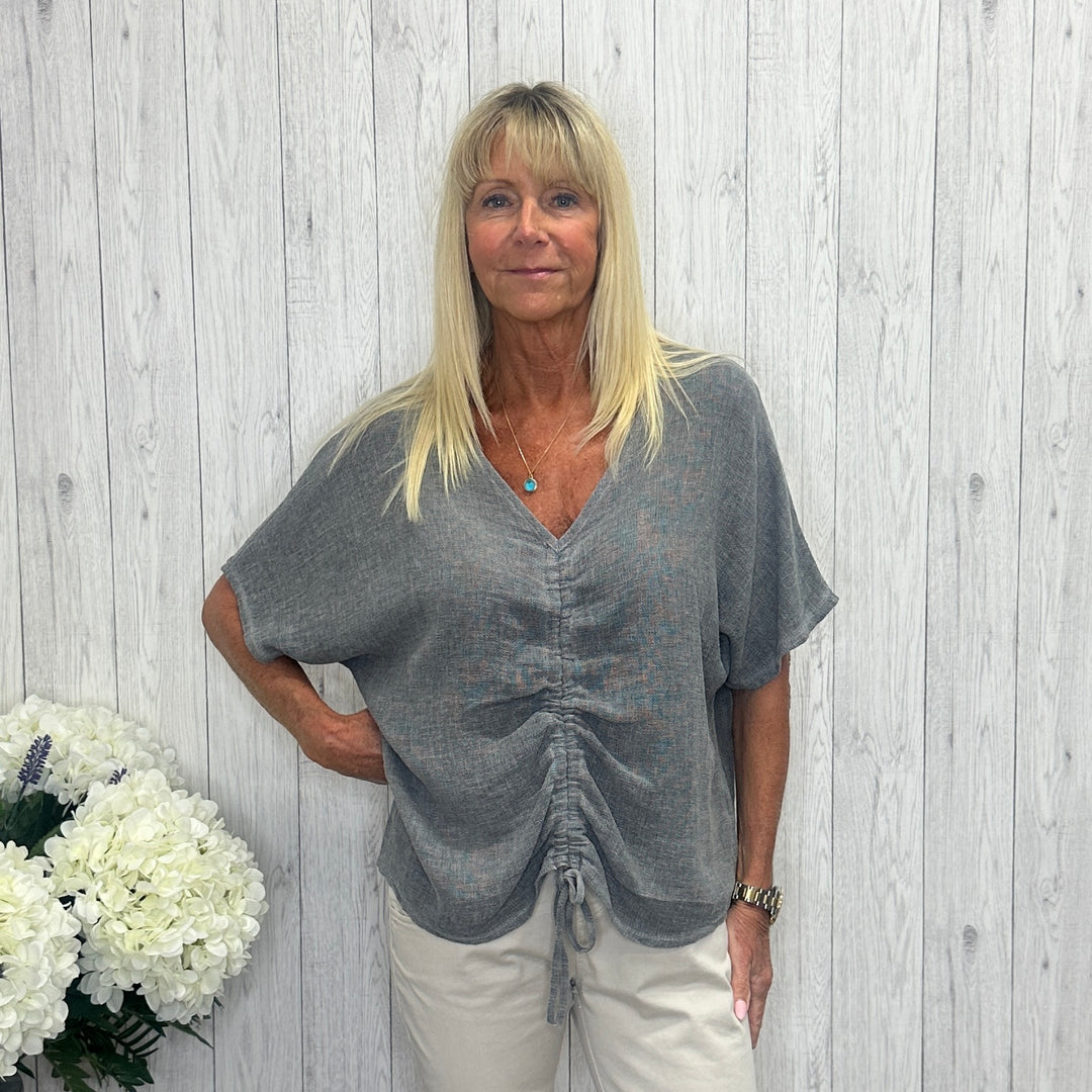 Tiffanie Linen Cotton Mix Ruched Front Top Charcoal Grey - Sugarplum Boutique