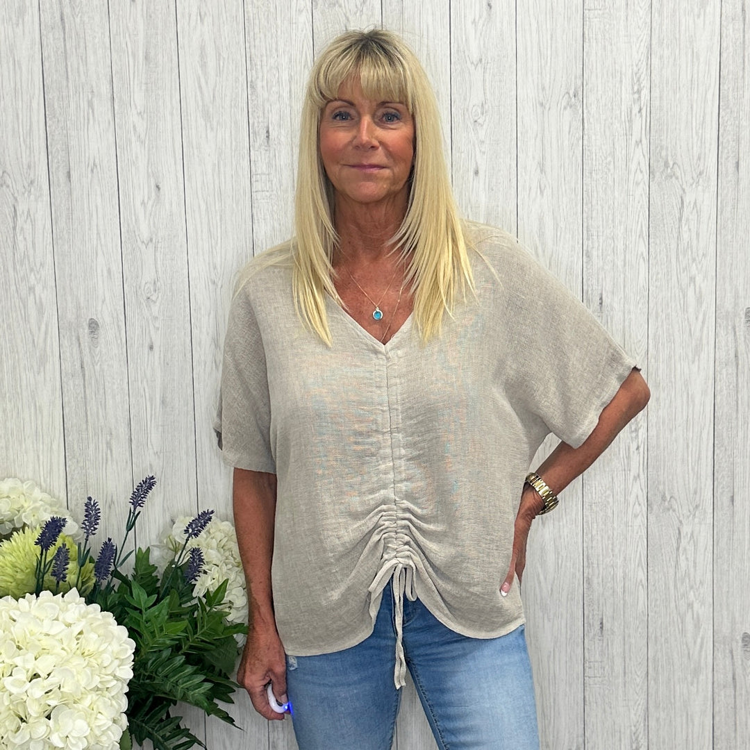 Tiffanie Linen Cotton Mix Ruched Front Top Stone - Sugarplum Boutique