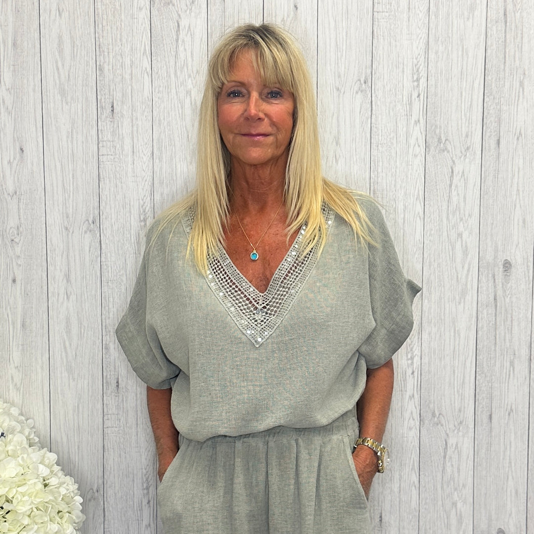 Tiffanie Linen Cotton Mix Sequin V Neck Top Light Khaki Green - Sugarplum Boutique