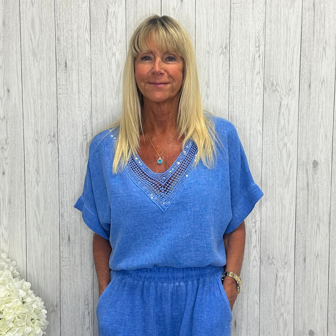 Tiffanie Linen Cotton Mix Sequin V Neck Top Sky Blue - Sugarplum Boutique