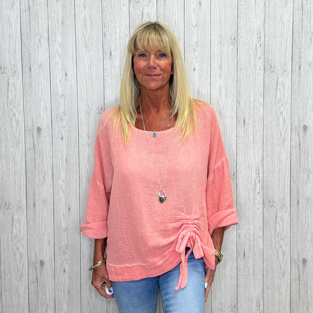 Tiffanie Linen Mix Side Ruched Top Coral - Sugarplum Boutique