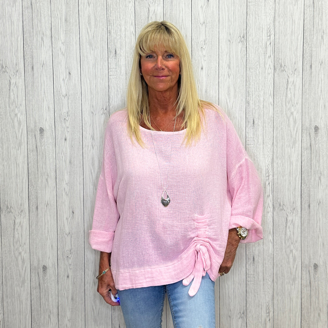 Tiffanie Linen Mix Side Ruched Top Light Pink -  Sugarplum Boutique