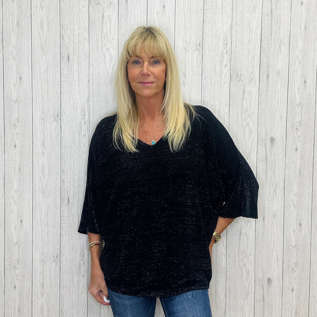 Tina Black V Neck Glitter Jumper - Sugarplum Boutique