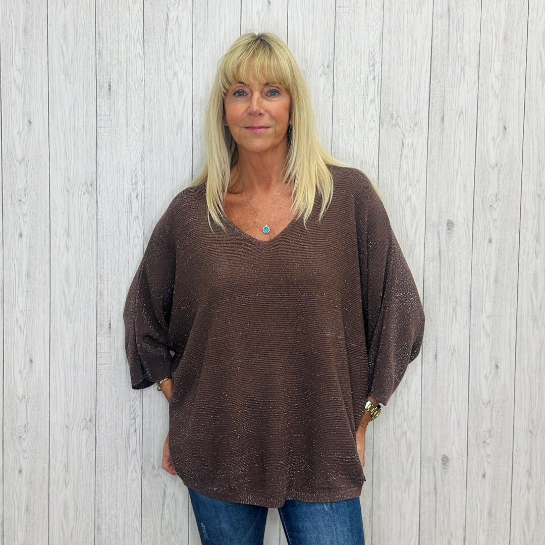 Tina Chocolate Brown V Neck Glitter Jumper - Sugarplum Boutique