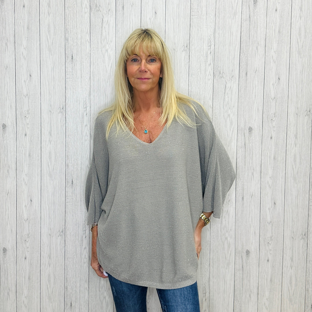Tina Mocha Brown V Neck Glitter Jumper - Sugarplum Boutique