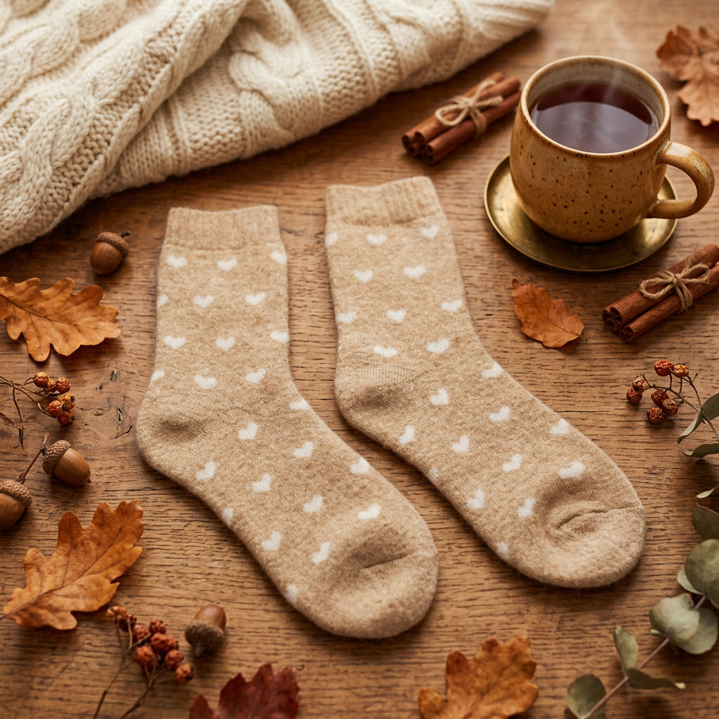 Tiny Heart Wool Mix Stone Cosy Socks - Sugarplum Boutique